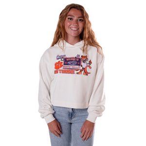Clemson Women’s Layered Patch Luxe Cropped Hood - WHITE