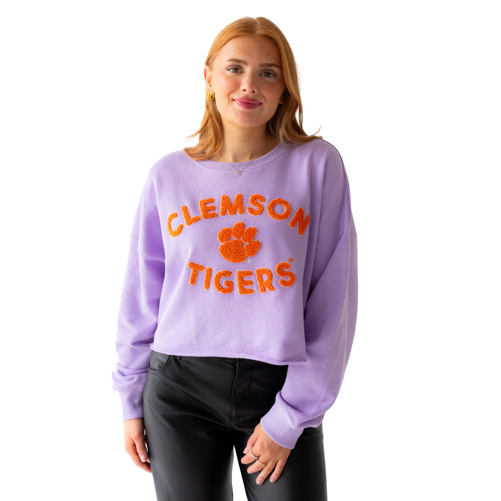 Clemson Women’s Perkins Chenille Long Sleeve Cropped Crew - LT PURPLE