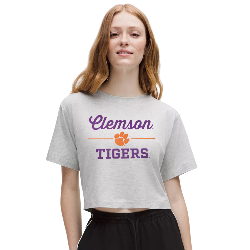 Clemson lululemon Women's All Yours Organic Cotton Cropped T-Shirt - MD GREY