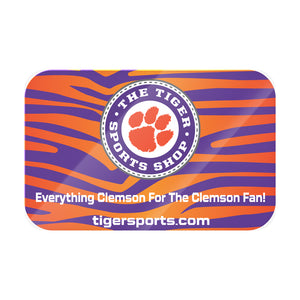 Rectangular gift card with purple and orange tiger stripes, a white paw print in a purple circle labeled The Tiger Sports Shop, and white text: Everything Clemson For The Clemson Fan! Give the perfect gift—eGift Cards at tigersports.com.