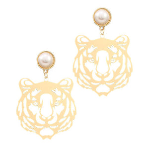 Gold Tiger Filigree Pearl Earrings