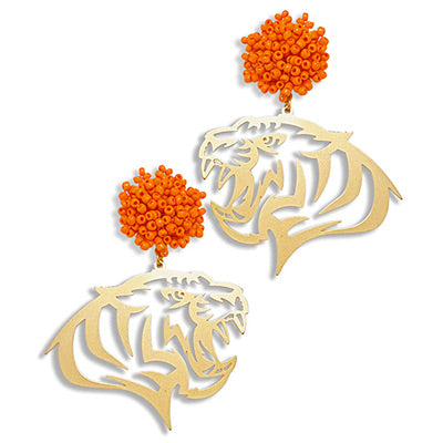 Orange Pom and Gold Tiger Profile Earrings