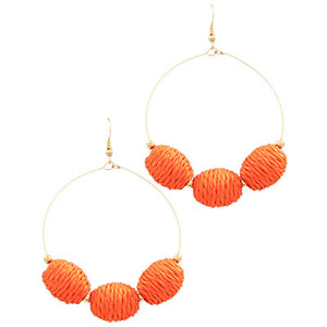 Orange Raffia Ball Wire Hoop Earrings