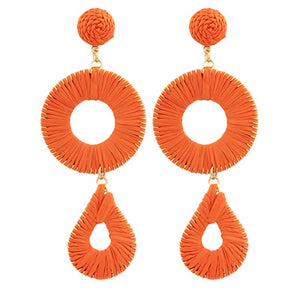 Orange Raffia Circle and Teardrop Earrings