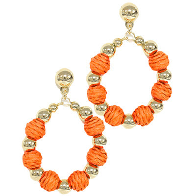 Orange Raffia and Metal Ball Hoop Earrings