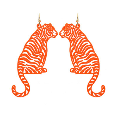 Orange Sitting Tiger Filigree Earrings