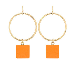 Orange Wood Square and Gold Circle Earrings