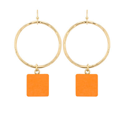 Orange Wood Square and Gold Circle Earrings