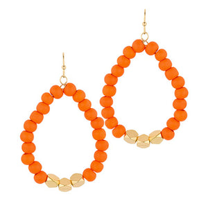 Orange Wood and Metal Bead Teardrop Earrings