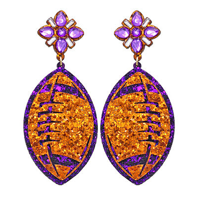 Orange and Purple Glitter Football Earrings
