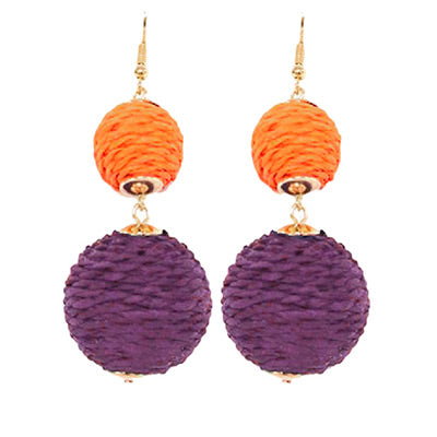 Orange and Purple Raffia Double Ball Earrings