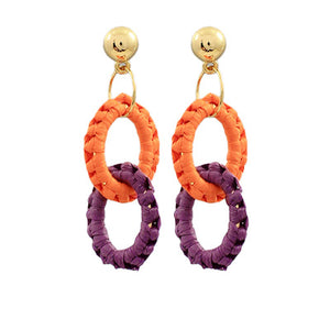 Orange and Purple Raffia Oval Link Earrings