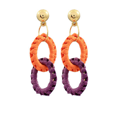 Orange and Purple Raffia Oval Link Earrings
