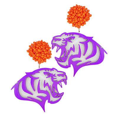 Purple Pom Tiger Profile Earrings
