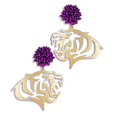 Purple Pom and Gold Tiger Profile Earrings