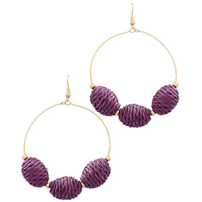 Purple Raffia Ball Wire Hoop Earrings