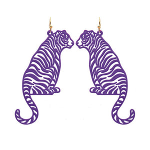Purple Sitting Tiger Filigree Earrings