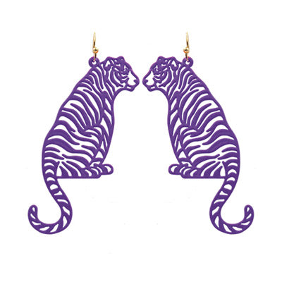 Purple Sitting Tiger Filigree Earrings