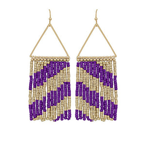 Purple and Gold Traingle and Beaded Tassel Earrings