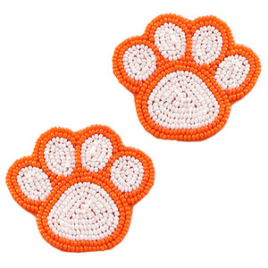 White and Orange Beaded Paw Earrings