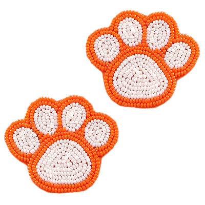 White and Orange Beaded Paw Earrings