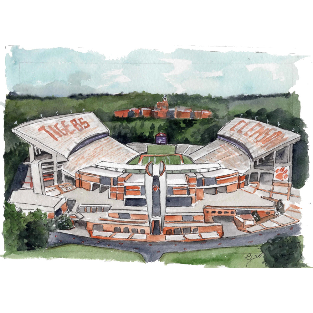 The Clemson Death Valley Greeting Card features a watercolor illustration of the stadium with Tigers and Clemson on the stands, orange and white details, a campus building in the distance, printed on watercolor texture paper, A2 size, blank inside.