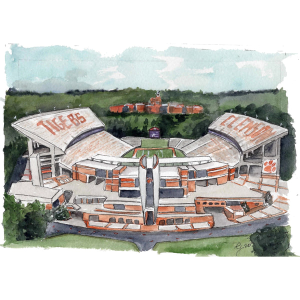 The Clemson Death Valley Greeting Card features a watercolor illustration of the stadium with Tigers and Clemson on the stands, orange and white details, a campus building in the distance, printed on watercolor texture paper, A2 size, blank inside.