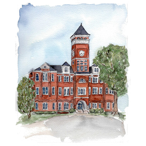 The Clemson Old Main Greeting Card features a watercolor of the iconic red-brick building with clock tower and arched entrance, surrounded by trees under a blue sky—an ideal choice for a unique greeting card.
