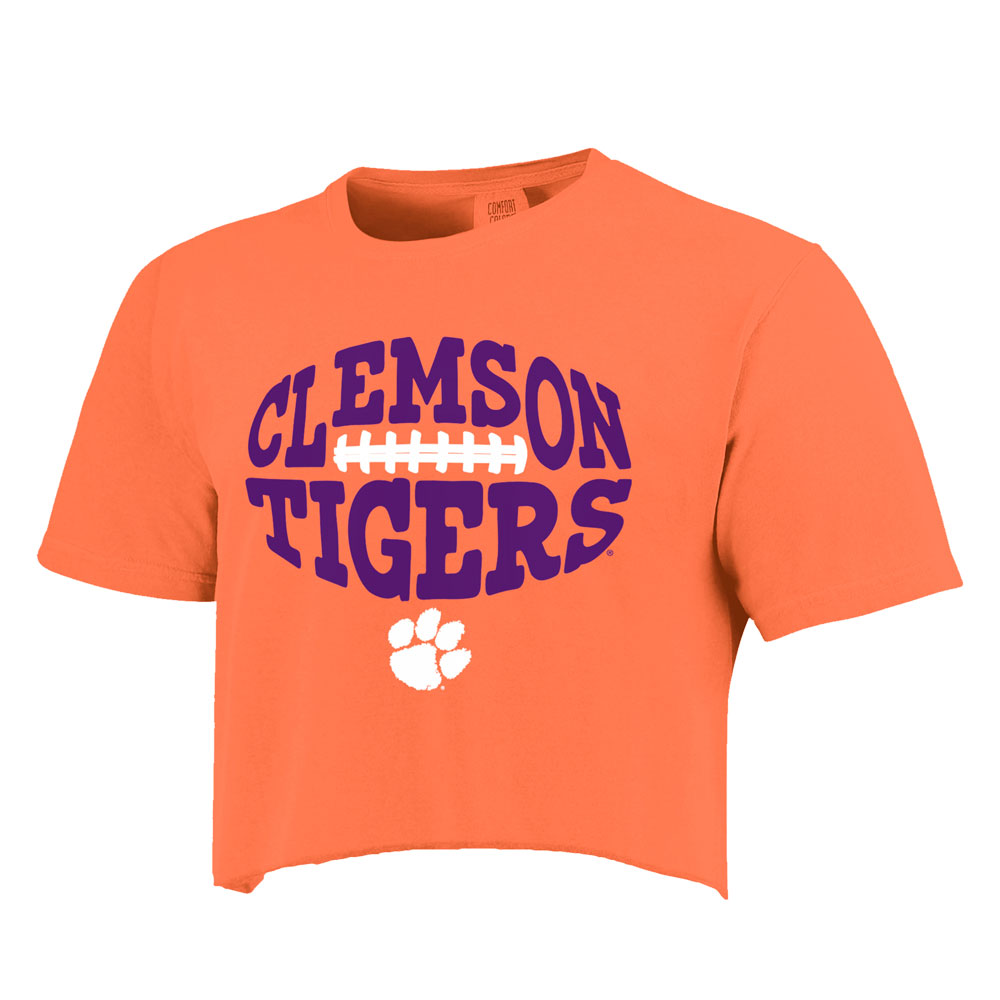 Clemson Comfort Colors Women s Football Type Crop Tee